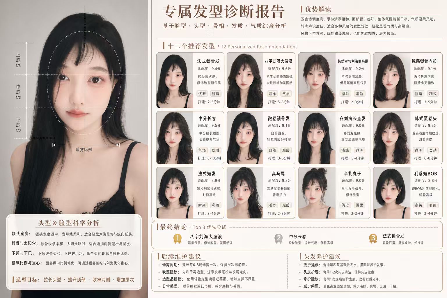 专属发型诊断报告示例:脸型分析 + 十二个推荐发型