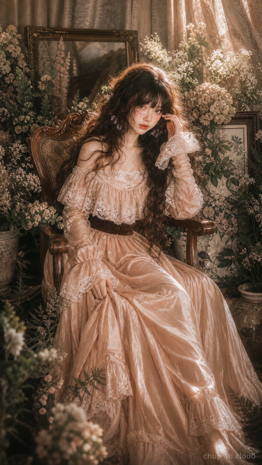 花簇木椅肖像模板封面
